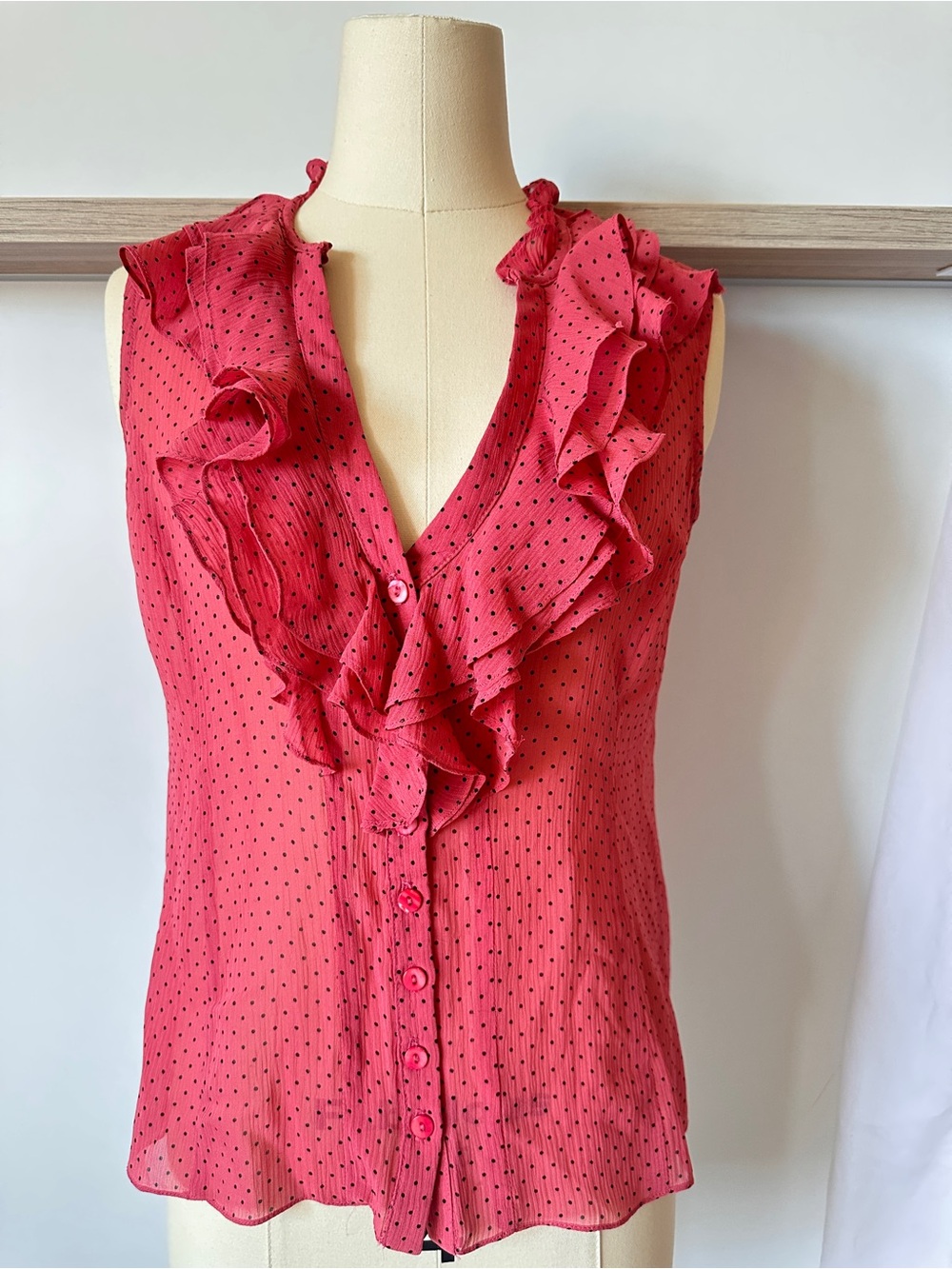 Nanette Lepore 100% Silk Pink Polka Dot Blouse Coral Pink with Black Dots